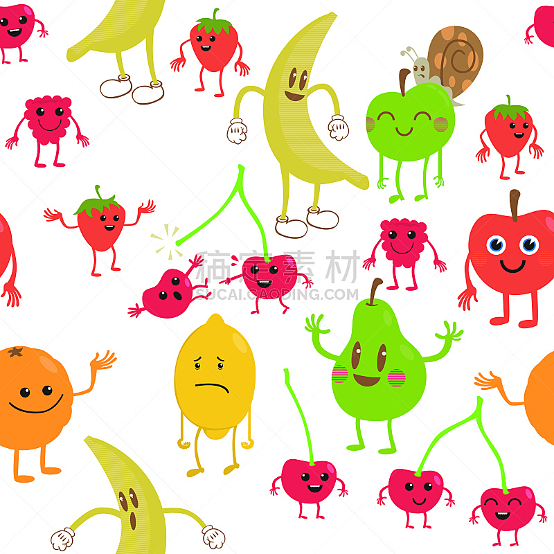 四方连续纹样,卡通,水果,樱桃,绘画插图,符号,性格,橙子,柠檬,彩色图片