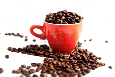 红色,咖啡杯,豆,烤咖啡豆,褐色,椭圆形,芳香的,水平画幅,含酒精饮料,饮料