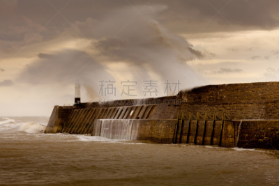 暴风雨,波浪,海浪,水平画幅,无人,环境,灯塔楼,南威尔士,波斯考尔,摄影