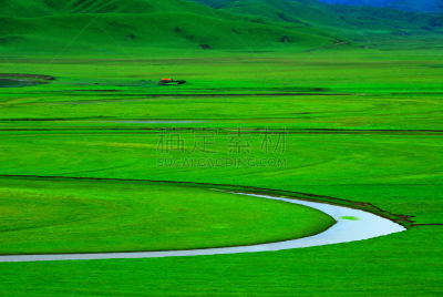 小溪,草地,平原,s形,水,美,水平画幅,山,夏天,户外