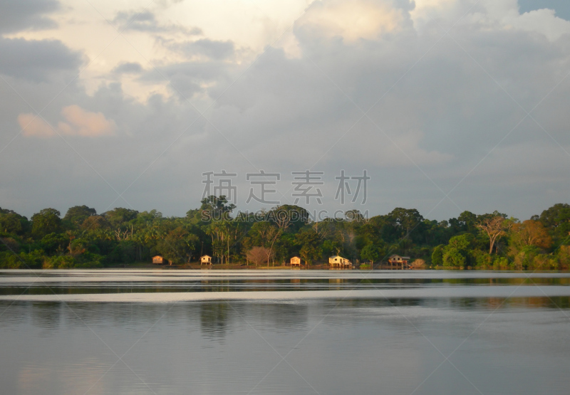 河岸,小屋,亚马孙洲,森林,分界线,南美,水,水平画幅,热带雨林,户外