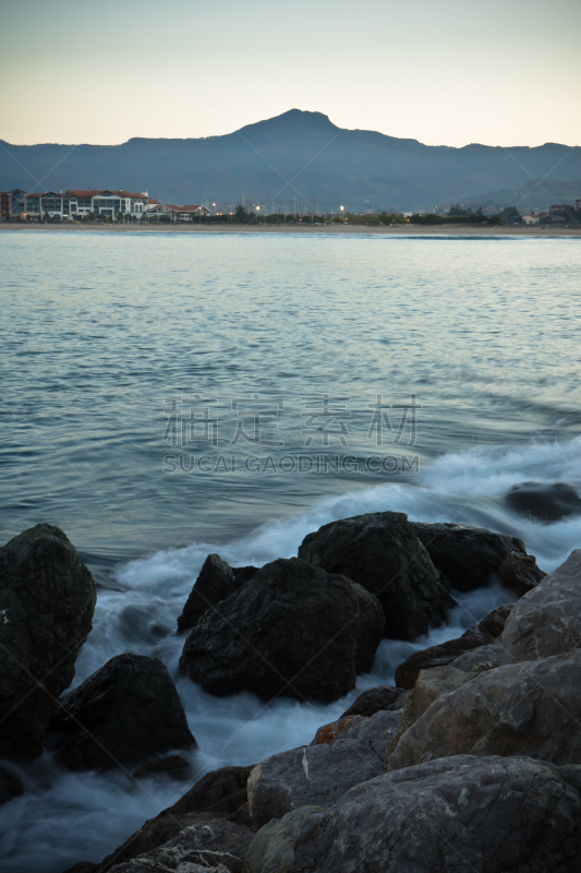 大西洋,特写,山,柔和,法国,岩石,巴斯克地区,长时间曝光,海岸线,日落