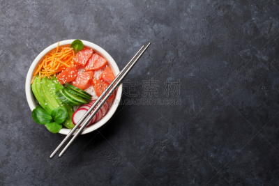 蔬菜,三文鱼,碗,传统,清新,食品,米,酱汁,餐具,沙拉碗