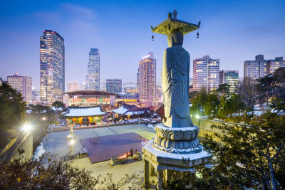韩国,首尔,夜晚,都市风景,朝鲜半岛,江南区,城市天际线,雕像,水平画幅,无人