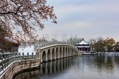 颐和园,北京,雪,十七孔桥,中国华北部,亭台楼阁,水平画幅,无人,当地著名景点,户外