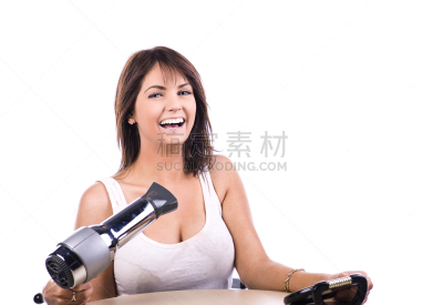 女孩,吹干头发,干燥的头发,吹风机,美,水平画幅,美人,白人,仅成年人,长发