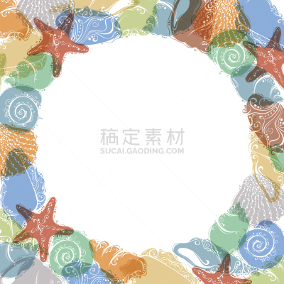 夏天,背景,多色的,喇叭形海螺,扇贝,海螺,蛤,留白,边框,软体动物