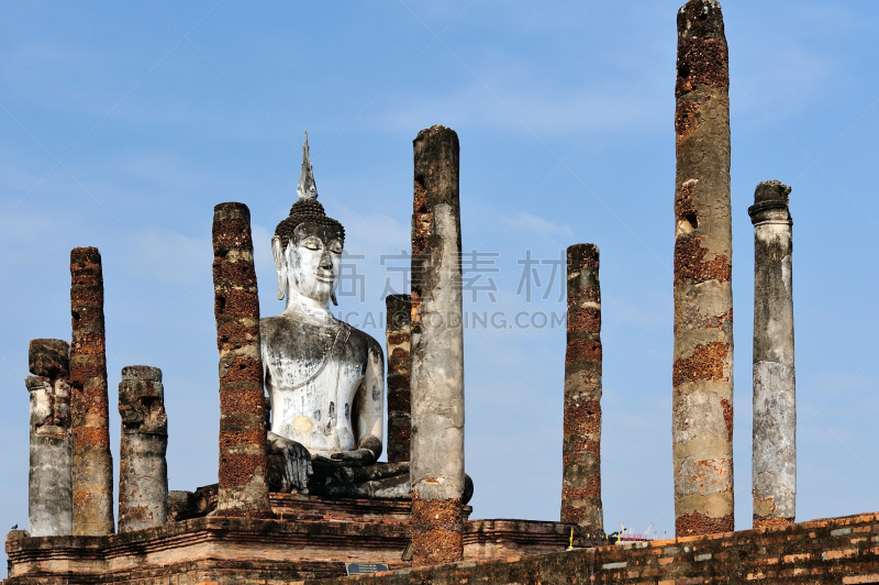 素可泰,水平画幅,建筑,蓝色,巨大的,旅行者,僧院,泰国,佛塔,考古学