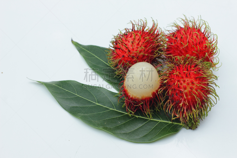 水果,红毛丹,叶子,白色背景,水平画幅,无人,维生素,熟的,特写,泰国