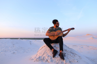 阿拉伯,山,吉他,男人,唱,沙子,夏天,干的,男性