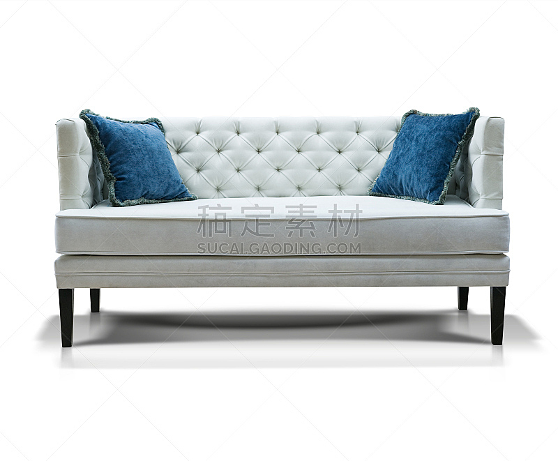 沙发,蓝色,枕头,两个物体,分离着色,白色,水平画幅,纺织品,家具,现代