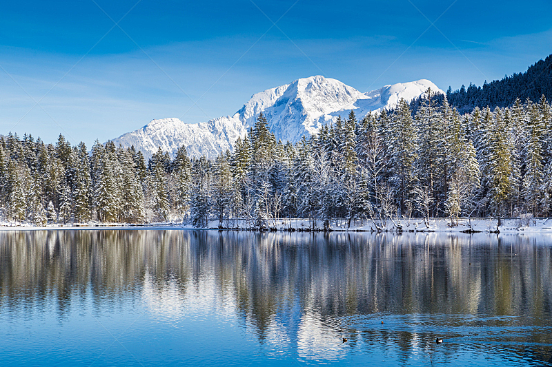 湖,山,阿尔卑斯山脉,冬季仙境,lake hintersee,瓦茨曼山,贝希特斯加登地区,贝希特斯加登,水,天空