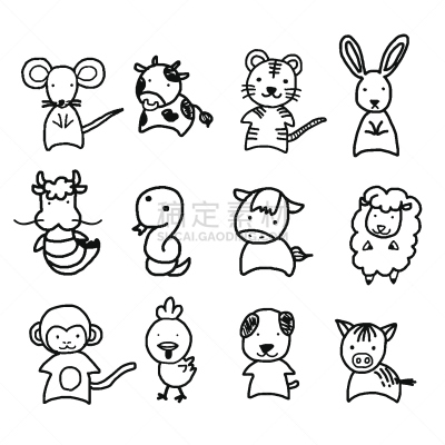 无人,绘画插图,羊年,符号,虎,龙,公猪,兔类动物,牛,马