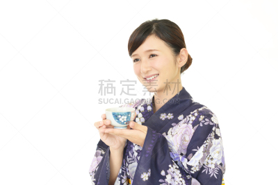 日本人,女人,七夕节,日式茶杯,便装和服,绿茶,和服,留白,半身像,健康