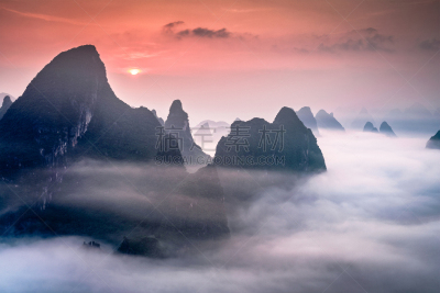 山,桂林,喀斯特,天空,水平画幅,夜晚,无人,石灰石,曙暮光,户外