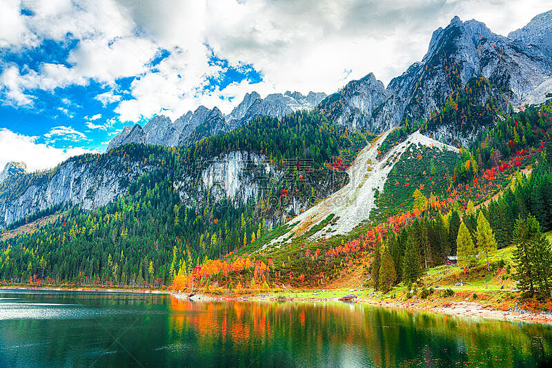 湖,秋天,山,风景,色彩鲜艳,达特施泰因山脉,顶部,奥地利,雪,著名景点