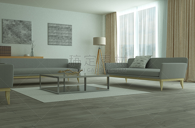 沙发,灰色,起居室,极简构图,巨大的,办公室,水平画幅,银色,无人,硬木地板