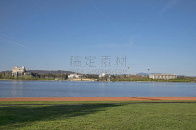 全景,城市,湖,热气球,堪培拉,自然,水平画幅,山,无人,城市天际线