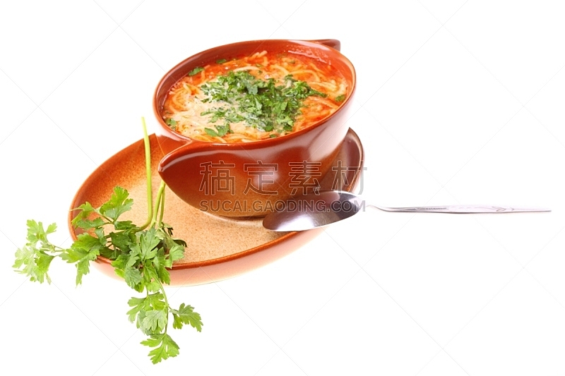 欧芹,白色背景,西红柿汤,分离着色,餐具,水平画幅,素食,开胃品,膳食,烹调