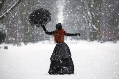 女人,连衣裙,红色,秘密,公园,水平画幅,雪,古典式,巴洛克风格,户外