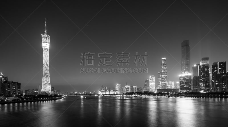 夜晚,宏伟,城市生活,珀尔里福,广州,广东省,高对比度,水,水平画幅,无人