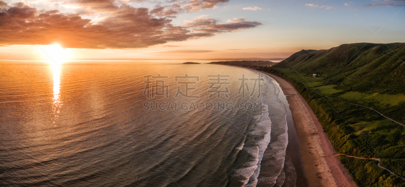 航拍视角,罗希力湾,水,天空,美,水平画幅,夜晚,无人,威尔士,夏天