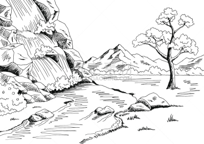 瀑布,草图,绘画插图,白色,矢量,地形,黑色,插画,轮廓线画,图像技术