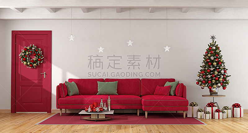 圣诞树,白色,红色,生活方式,水平画幅,无人,绘画插图,家具,圣诞礼物