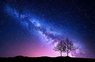 星系,山,夜晚,自然,地形,银河系,粉色,色彩鲜艳,树,独处