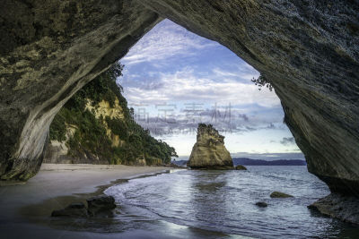 cathedral cove,新西兰,洞穴,科罗曼德尔半岛,看风景,水,沙子,岩层,曙暮光,夏天