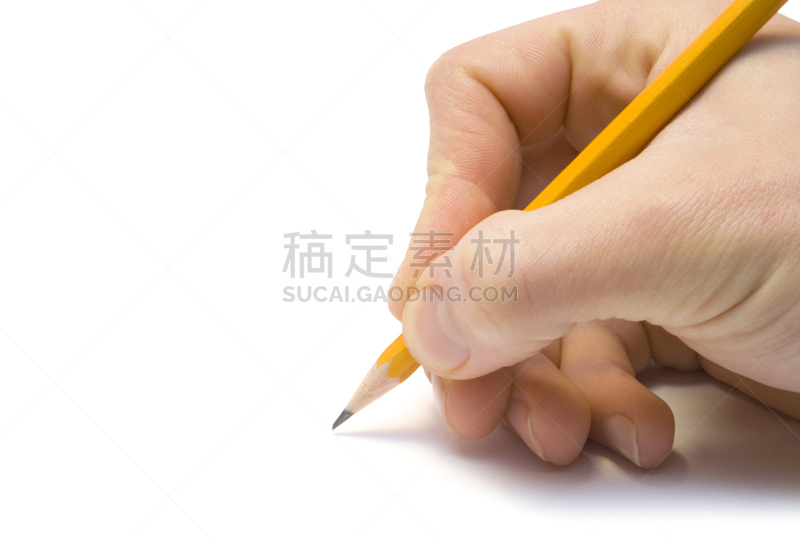 手,铅笔,水平画幅,无人,白色背景,食指,背景分离,白色,彩色图片,指节