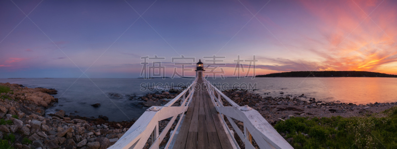 马沙尔角灯塔,全景,克莱德港,缅因州,灯塔楼,美,水平画幅,无人,户外,日落