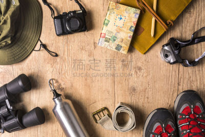 留白,正上方视角,设备用品,旅途,平衡折角灯,水平画幅,旅行者,组物体,乡村风格,特写