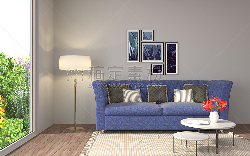 沙发,室内,绘画插图,三维图形,住宅房间,水平画幅,墙,无人,蓝色,装饰物