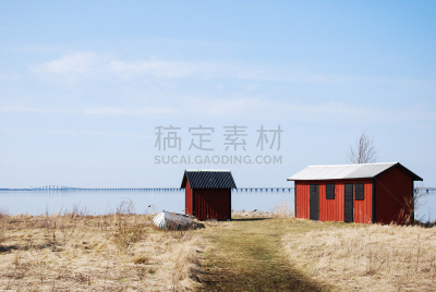 oland桥,小木屋,瑞典,红色,前面,水,天空,美,水平画幅,无人