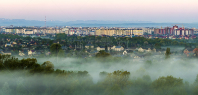 早晨,雾,全景,乌克兰,卡帕锡安山脉,城市,远距离,建筑外部,航拍视角,树