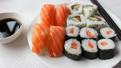 生鱼片,寿司,萨蒙冰河,酱油,水平画幅,贪欲,膳食,日本人,充满的,海草