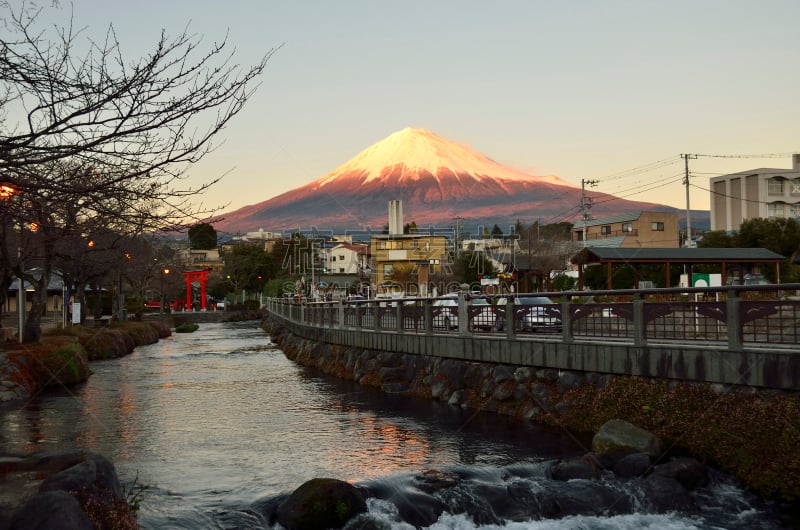 灵性,富士山,看,天空,公园,水平画幅,雪,无人,火山地形,早晨