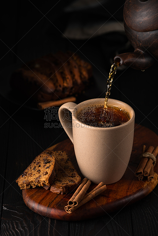 马克杯,茶,静物,纸杯蛋糕,手,秋天,暗色,褐色,黑色,木制