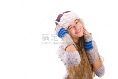 使眼色,乐趣,白色背景,女孩,自然美,拉格伦堡,羊毛帽,美,青少年,水平画幅
