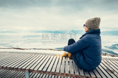 冬天,山,女人,视角,在上面,城市,天空,美,水平画幅,雪