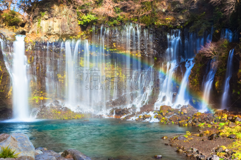 瀑布,shiraito falls,彩虹,przewalski,富士山,自然,水平画幅,无人,日本,湿