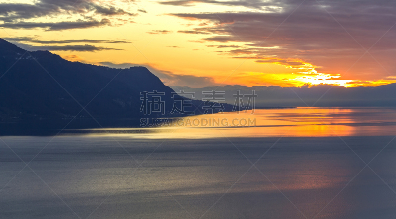 天空,蒙特尔,湖,阿尔卑斯山脉,瑞士,黄色,风景,背景,在上面,日落