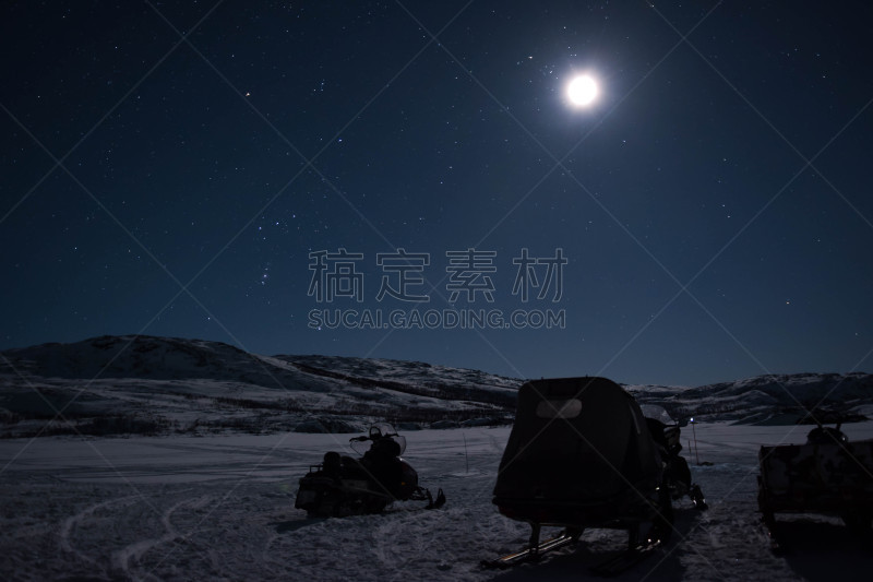 月光,午夜,诺尔兰德,雪上汽车运动,瑞属拉普兰,深雪,水平画幅,雪,无人,户外