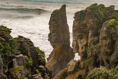岩层,石灰石,punakaiki,海岸线,水,天空,薄饼岩,水平画幅,云,呼吸孔