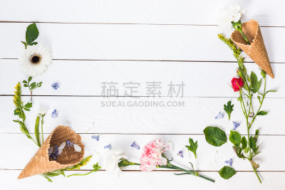 冰淇淋蛋卷,叶子,桌子,木制,花朵,视角,绿色,自然美,顶部,花