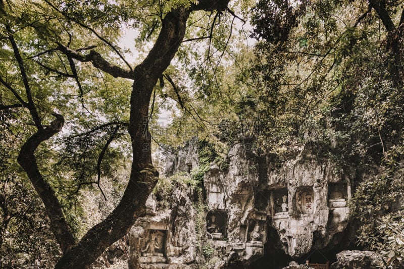 杭州,丰,灵隐寺,泥瓦匠,修道院,旅游目的地,水平画幅,无人,全景,寺庙