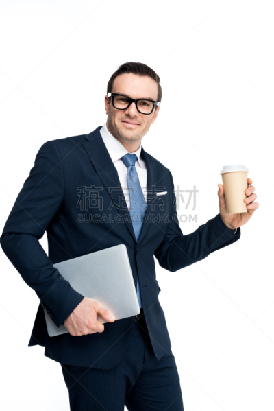 笔记本电脑,注视镜头,一次性杯子,男商人,男性美,拿着,白色,分离着色,垂直画幅,领导能力