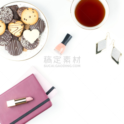 个人随身用品,办公室,日记,书桌,家庭工作间,时尚,平铺,概念,女性特质,花