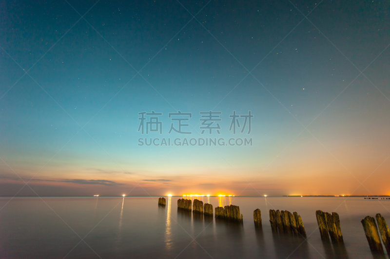 平视角,长时间曝光,海洋,在下面,星星,曙暮光,破浪堤,平滑的,湿,清新